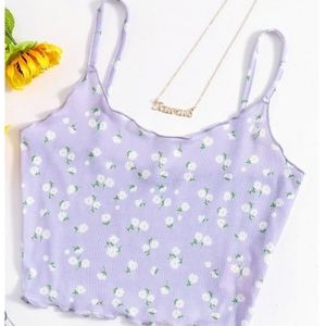 Purple & White Floral Scallop-Trim Sleeveless Crop